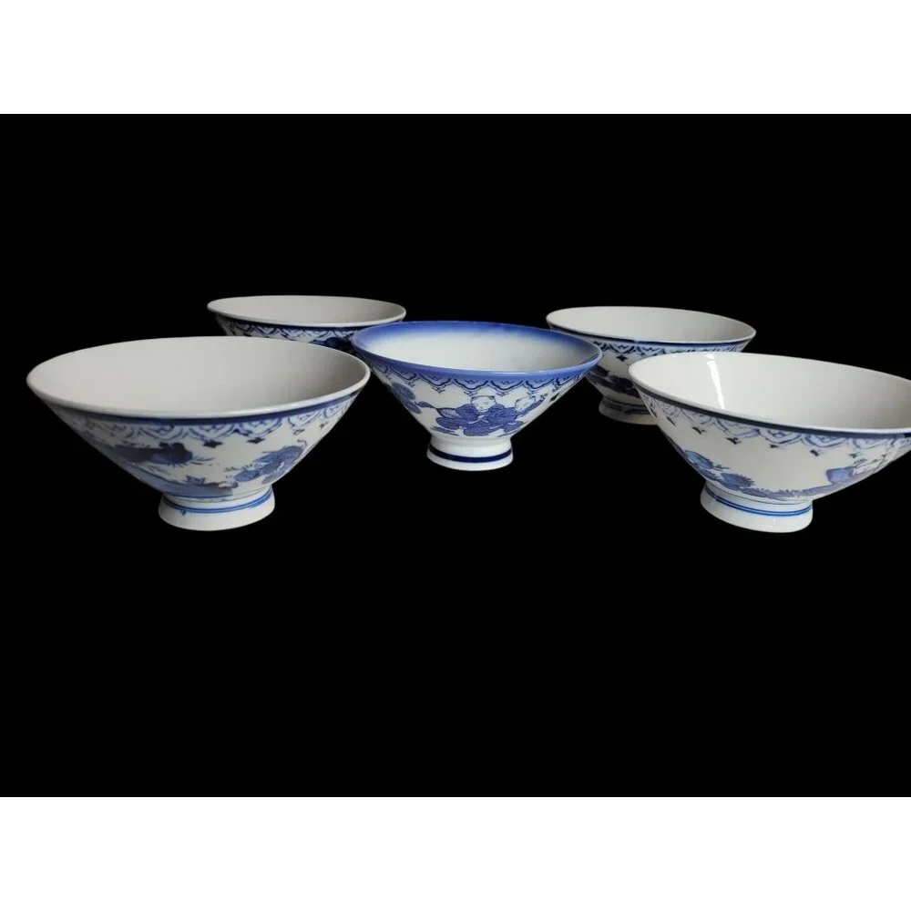 Mid-Century Japanese Sometsuke Rice Bowl  Blue & White Footed Porcelain - Picture 8 of 10